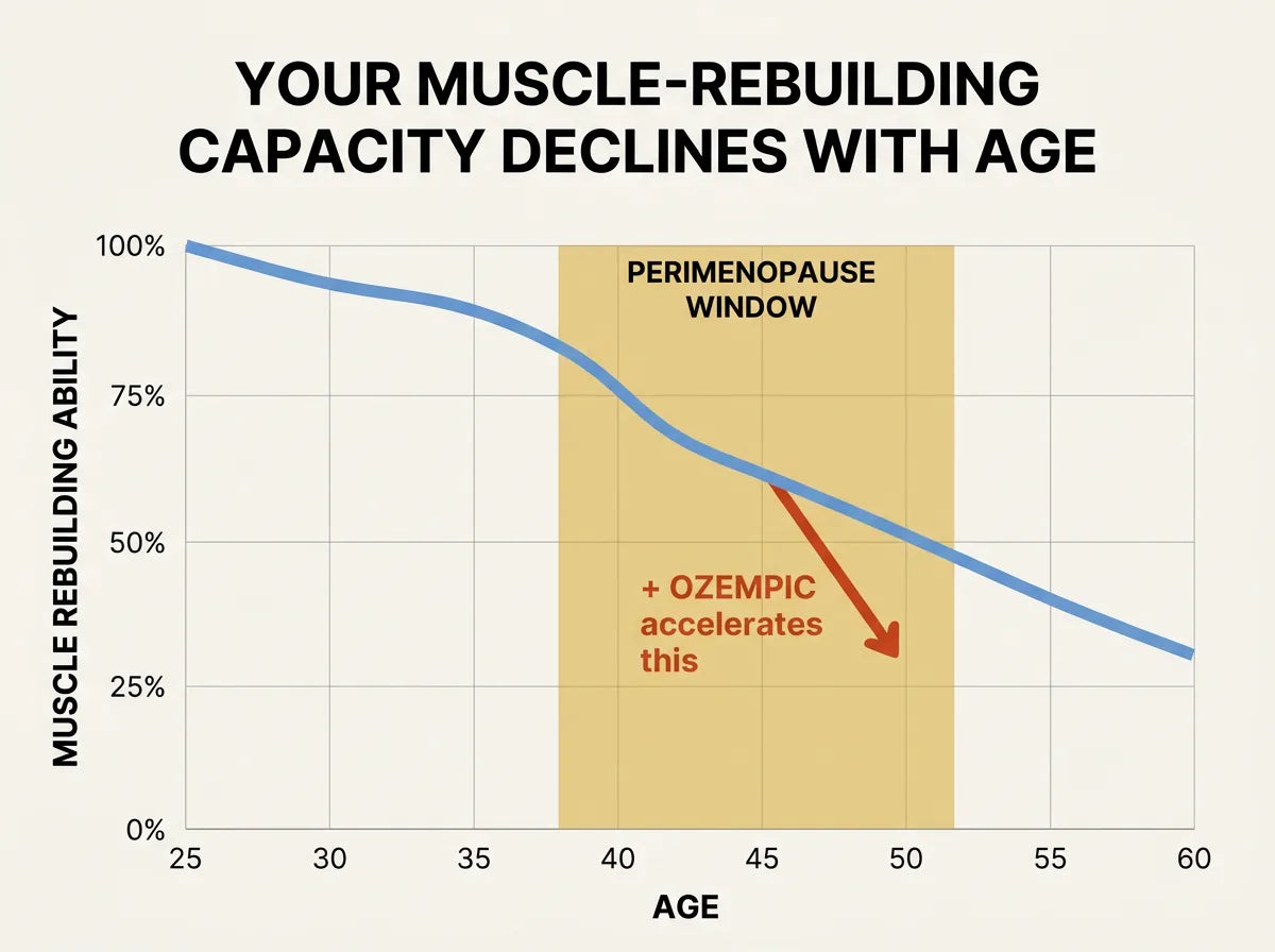 Line chart showing muscle-rebuilding capacity declining from 100% at age 25 to 30% by age 60, with perimenopause window (38-52) highlighted and an Ozempic-accelerator arrow