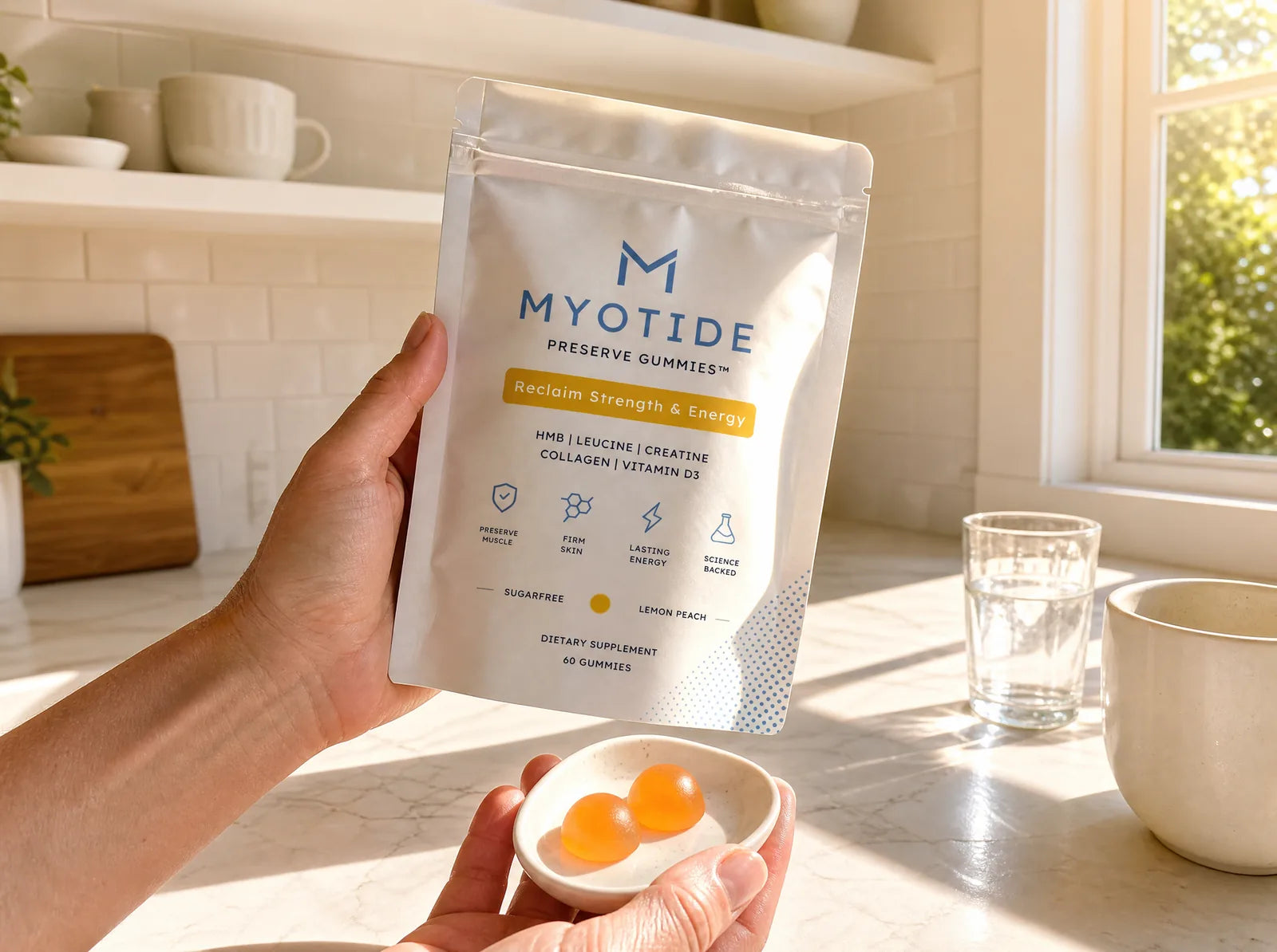 A woman's hand holds up the MYOTIDE Preserve Gummies pouch into bright golden morning sunlight streaming through a window · her other hand cradles a small white ceramic dish with two translucent lemon-peach gummies · bright airy white kitchen with subway tile, wooden cutting board, white ceramics, glass of water and ceramic mug all in warm sunlit clarity · the game-changer hero moment