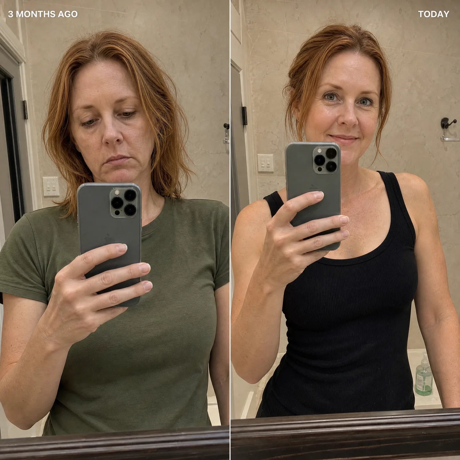 Jennifer R., 47 — bathroom mirror selfie before/after split: '3 MONTHS AGO' face shows gaunt Ozempic Face with sunken cheeks and hollow temples wearing an olive-green crew tee and looking down at her phone, 'TODAY' face is fuller and restored wearing a black sleeveless tank top with toned arms visible and hair pulled back, looking directly at camera with a soft smile